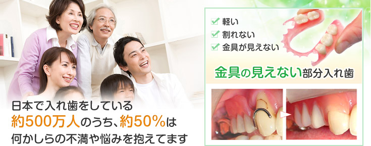 角田歯科医院　日本で入れ歯をしている約500万人のうち、約50％は何かしらの不満や悩みを抱えてます